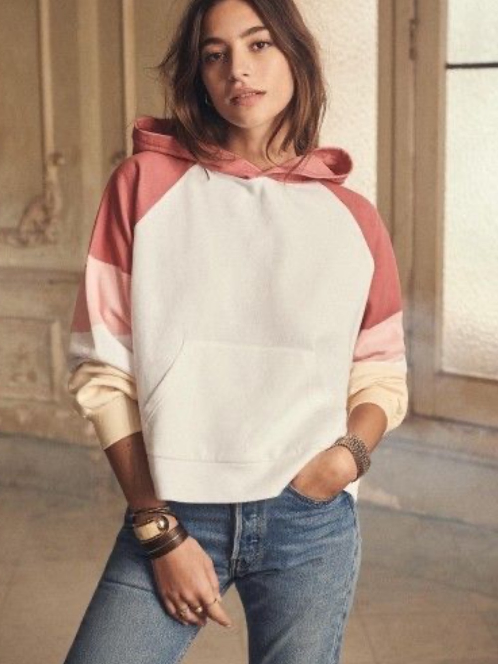 Sezane Colorblock Hooded Sweatshirt in Cream and Rose Tones